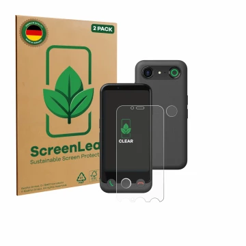 Parte frontal de un envase de producto con el logotipo de la marca ScreenLeaf. Al lado se muestra el dispositivo Doro Aurora A