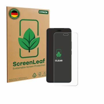 Parte frontal de un envase de producto con el logotipo de la marca ScreenLeaf. Al lado se muestra el dispositivo Xiaomi Civi 5