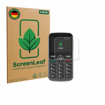 Parte frontal de un envase de producto con el logotipo de la marca ScreenLeaf. Al lado se muestra el dispositivo Doro 1380 con