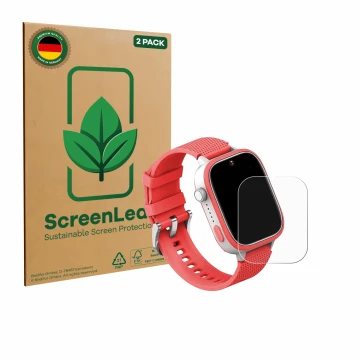Parte frontal de un envase de producto con el logotipo de la marca ScreenLeaf. Al lado se muestra el dispositivo AngelTech Kid