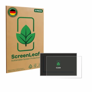 Parte frontal de un envase de producto con el logotipo de la marca ScreenLeaf. Al lado se muestra el dispositivo Headrush Flex