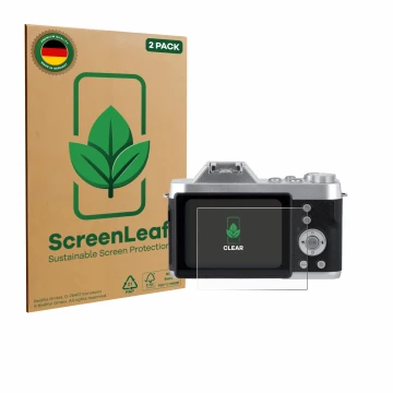 Parte frontal de un envase de producto con el logotipo de la marca ScreenLeaf. Al lado se muestra el dispositivo Rollei Powerf
