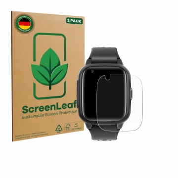 Parte frontal de un envase de producto con el logotipo de la marca ScreenLeaf. Al lado se muestra el dispositivo Krostming Kid