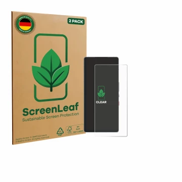 Parte frontal de un envase de producto con el logotipo de la marca ScreenLeaf. Al lado se muestra el dispositivo ZTE Nubia Red