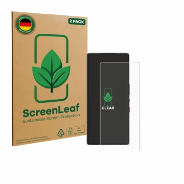Parte frontal de un envase de producto con el logotipo de la marca ScreenLeaf. Al lado se muestra el dispositivo ZTE Nubia Red