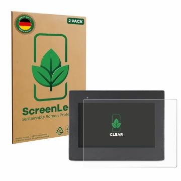 Parte frontal de un envase de producto con el logotipo de la marca ScreenLeaf. Al lado se muestra el dispositivo Weintek cMT20