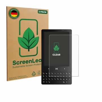 Parte frontal de un envase de producto con el logotipo de la marca ScreenLeaf. Al lado se muestra el dispositivo The Minimal C