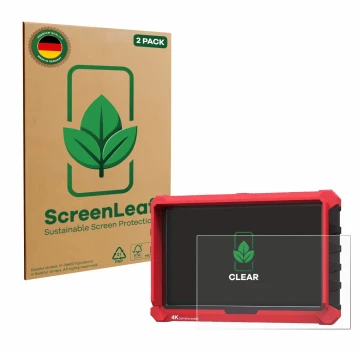 Parte frontal de un envase de producto con el logotipo de la marca ScreenLeaf. Al lado se muestra el dispositivo Lilliput A7s 