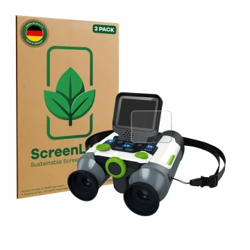 Parte frontal de un envase de producto con el logotipo de la marca ScreenLeaf. Al lado se muestra el dispositivo Vtech Binocul