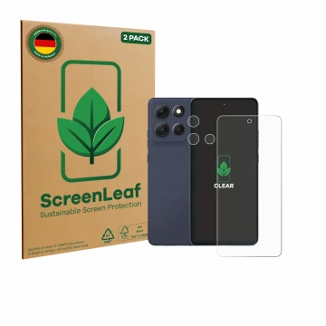 Parte frontal de un envase de producto con el logotipo de la marca ScreenLeaf. Al lado se muestra el dispositivo Motorola Moto
