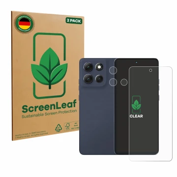 Parte frontal de un envase de producto con el logotipo de la marca ScreenLeaf. Al lado se muestra el dispositivo Motorola Moto