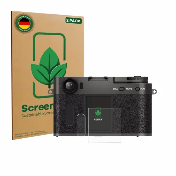 Parte frontal de un envase de producto con el logotipo de la marca ScreenLeaf. Al lado se muestra el dispositivo Fujifilm X Ha