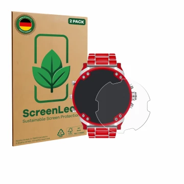 Parte frontal de un envase de producto con el logotipo de la marca ScreenLeaf. Al lado se muestra el dispositivo Diesel DZ7480
