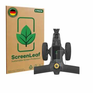 Parte frontal de un envase de producto con el logotipo de la marca ScreenLeaf. Al lado se muestra el dispositivo PowaKaddy CT1