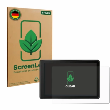 Parte frontal de un envase de producto con el logotipo de la marca ScreenLeaf. Al lado se muestra el dispositivo Garmin Tread 