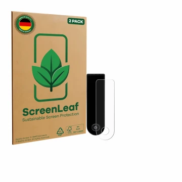 Parte frontal de un envase de producto con el logotipo de la marca ScreenLeaf. Al lado se muestra el dispositivo Xiaomi Electr