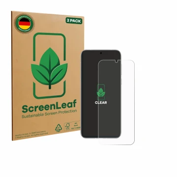 Parte frontal de un envase de producto con el logotipo de la marca ScreenLeaf. Al lado se muestra el dispositivo Huawei Pura 8