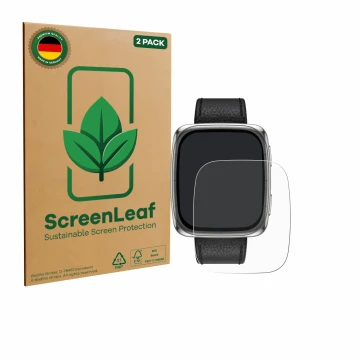 Parte frontal de un envase de producto con el logotipo de la marca ScreenLeaf. Al lado se muestra el dispositivo Amazfit Activ