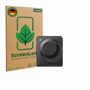 Parte frontal de un envase de producto con el logotipo de la marca ScreenLeaf. Al lado se muestra el dispositivo Nubia Flip 5G