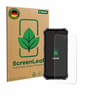 Parte frontal de un envase de producto con el logotipo de la marca ScreenLeaf. Al lado se muestra el dispositivo Blackview BL7