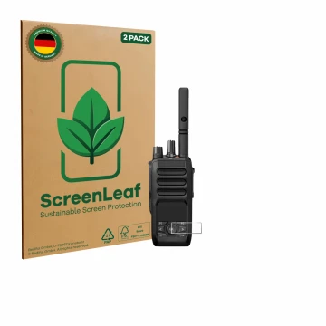 Parte frontal de un envase de producto con el logotipo de la marca ScreenLeaf. Al lado se muestra el dispositivo Motorola MOTO