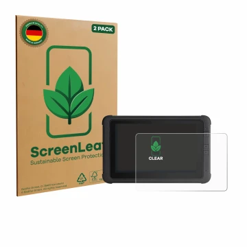 Parte frontal de un envase de producto con el logotipo de la marca ScreenLeaf. Al lado se muestra el dispositivo Webfleet PRO 
