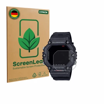 Parte frontal de un envase de producto con el logotipo de la marca ScreenLeaf. Al lado se muestra el dispositivo Casio AE-1600