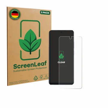 Parte frontal de un envase de producto con el logotipo de la marca ScreenLeaf. Al lado se muestra el dispositivo Oppo A40 con 
