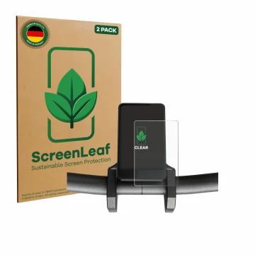 Parte frontal de un envase de producto con el logotipo de la marca ScreenLeaf. Al lado se muestra el dispositivo Joyor T6 con 