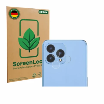 Parte frontal de un envase de producto con el logotipo de la marca ScreenLeaf. Al lado se muestra el dispositivo Cubot P80 (SÓ