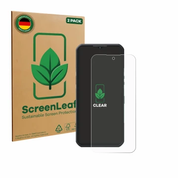 Parte frontal de un envase de producto con el logotipo de la marca ScreenLeaf. Al lado se muestra el dispositivo Oukitel WP55 