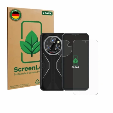 Parte frontal de un envase de producto con el logotipo de la marca ScreenLeaf. Al lado se muestra el dispositivo Oukitel WP55 