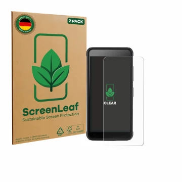 Parte frontal de un envase de producto con el logotipo de la marca ScreenLeaf. Al lado se muestra el dispositivo SkyCaddie Pro