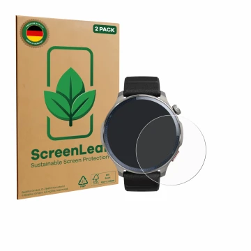 Parte frontal de un envase de producto con el logotipo de la marca ScreenLeaf. Al lado se muestra el dispositivo Huami Amazfit