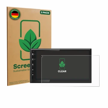 Parte frontal de un envase de producto con el logotipo de la marca ScreenLeaf. Al lado se muestra el dispositivo Kenwood DMX65