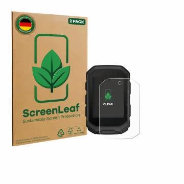 Parte frontal de un envase de producto con el logotipo de la marca ScreenLeaf. Al lado se muestra el dispositivo Garmin Edge M