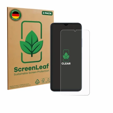 Parte frontal de un envase de producto con el logotipo de la marca ScreenLeaf. Al lado se muestra el dispositivo Huawei Nova Y