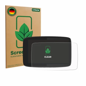 Parte frontal de un envase de producto con el logotipo de la marca ScreenLeaf. Al lado se muestra el dispositivo TomTom GO Cam