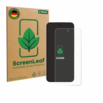 Parte frontal de un envase de producto con el logotipo de la marca ScreenLeaf. Al lado se muestra el dispositivo Oppo Reno 14 