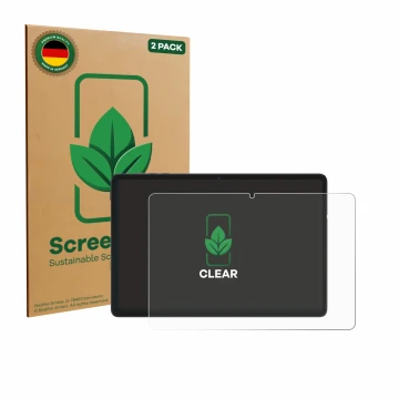 Parte frontal de un envase de producto con el logotipo de la marca ScreenLeaf. Al lado se muestra el dispositivo Tabwee RM2025