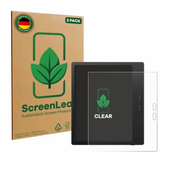 Parte frontal de un envase de producto con el logotipo de la marca ScreenLeaf. Al lado se muestra el dispositivo Boox Go Color
