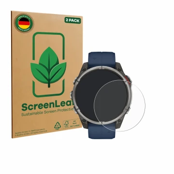Parte frontal de un envase de producto con el logotipo de la marca ScreenLeaf. Al lado se muestra el dispositivo Garmin quatix