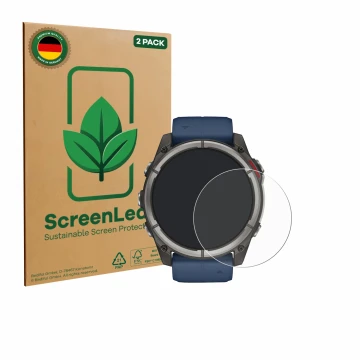 Parte frontal de un envase de producto con el logotipo de la marca ScreenLeaf. Al lado se muestra el dispositivo Garmin quatix