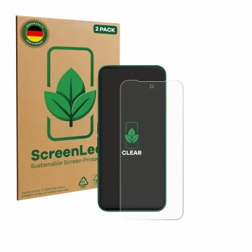 Parte frontal de un envase de producto con el logotipo de la marca ScreenLeaf. Al lado se muestra el dispositivo Fairphone 6 c
