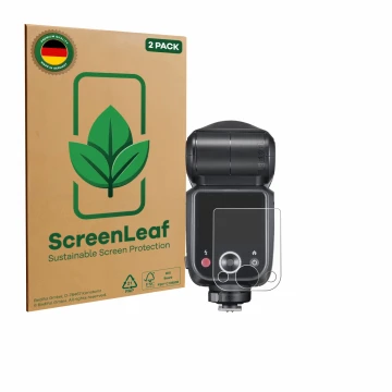 Parte frontal de un envase de producto con el logotipo de la marca ScreenLeaf. Al lado se muestra el dispositivo Godox V100 co
