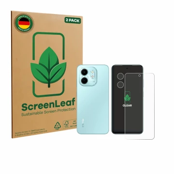 Parte frontal de un envase de producto con el logotipo de la marca ScreenLeaf. Al lado se muestra el dispositivo Infinix Smart
