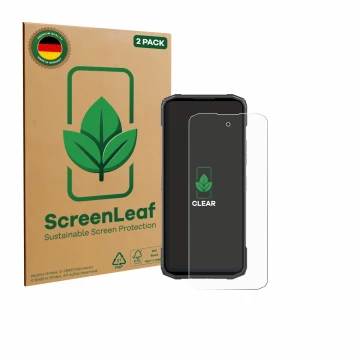 Parte frontal de un envase de producto con el logotipo de la marca ScreenLeaf. Al lado se muestra el dispositivo Doogee Blade 