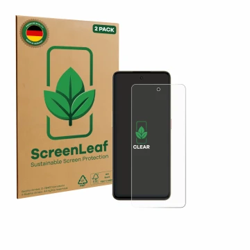 Parte frontal de un envase de producto con el logotipo de la marca ScreenLeaf. Al lado se muestra el dispositivo Nubia Neo 3 c