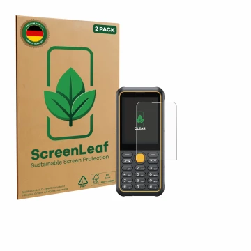 Parte frontal de un envase de producto con el logotipo de la marca ScreenLeaf. Al lado se muestra el dispositivo Ulefone Armor