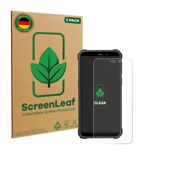 Parte frontal de un envase de producto con el logotipo de la marca ScreenLeaf. Al lado se muestra el dispositivo Oukitel WP32 